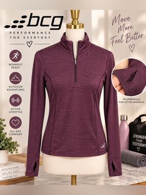 BCG Women’s Purple Heather Quarter Zip Athletic Pullover Thumbholes Size S